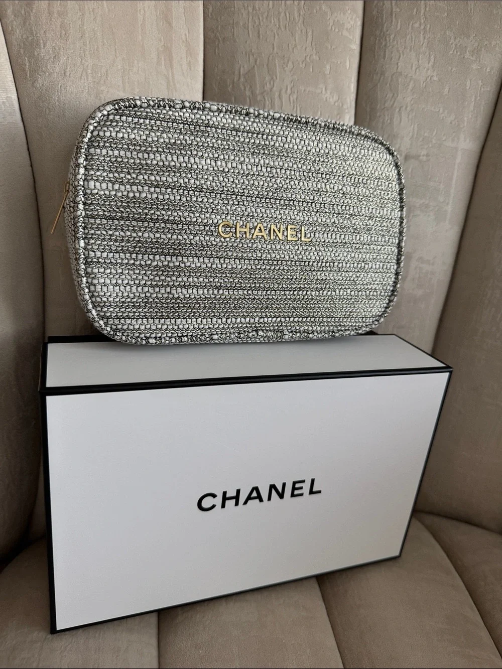 CHANEL Silver Metallic Woven Cosmetic Case with Gold Logo